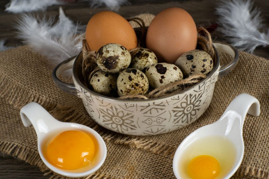 chicken egg and quail eggs in both whole and yolk form on hessian mat