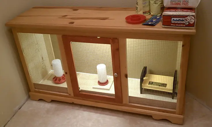 a wooden display cabinet turned into a chicken brooder